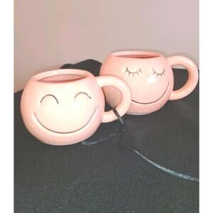 Set Of 2 Market Finds Ceramic Pink Smiley Face Mugs